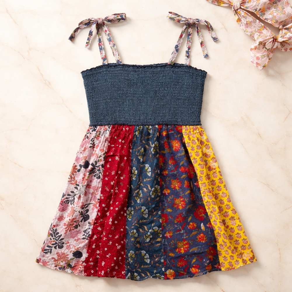 Smocked Bodice Tiered Patchwork Floral Sundress - Blue Multi size XL - Picture 2 of 5